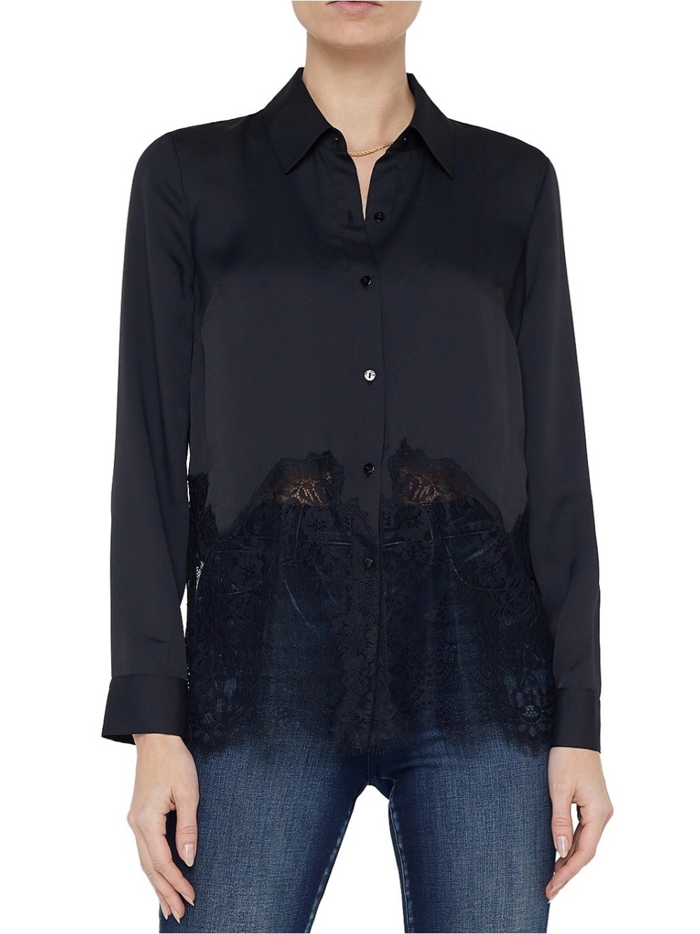 L'AGENCE Black Satin Button-Down Blouse with Lace Trim